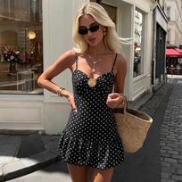 2026 Summer Women's Polka Dot Tulip Skirt: Sleeveless Backless Dress with Metal Straps XL juoda