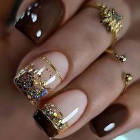 24 Pcs Purple Square Short French Press On Nails With Glitter Crystal Full Cover Fake Nail Tips brown