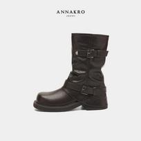 Jiuzi Anna Kou Retro Square Toe Pleated Pants Boots 40 black