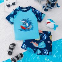 2pcs Summer Boys Shark Print Swimsuit Set, Short Sleeve Rash Guard + Swim Trunks, Cool Style, Beach/Pool Wear, 1‑8Y, Quick Dry F 120 blue