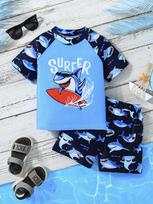 2pcs Summer Boys Shark Print Swimsuit Set, Short Sleeve Rash Guard + Swim Trunks, Cool Style, Beach/Pool Wear, 1‑8Y, Quick Dry F 140 gray