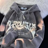 Streetwear Retro Zip-Up Hoodie: Casual, Loose-Fit, Unisex, Spring/Autumn Style. M pilka