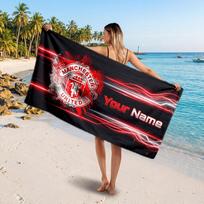 Manchester United Custom Beach Towel, Personalized Name Text Print, Football Logo Soft Quick‑Dry Towel Holiday Gift 80cmx160cm(31x63inch) black