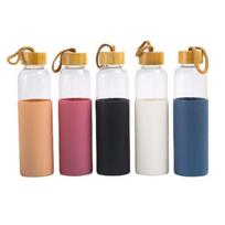 1L Didelės talpos stiklinė su bambuko dangteliu, laiko skale ir silikoniniu įdėklu - Atspari karščiui 1000ml (Please specify color) beige