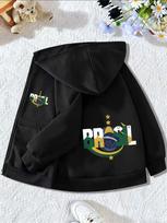 Vaikų striukė su gobtuvu ir užtrauktuku, Brazilijos tema, užrašas Brasil, penkios žvaigždės, gaublys, dvipusė spauda, ilgomis rankovėmis, oversized, lauko žaidimų paltai 140 white