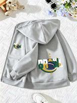 Vaikų striukė su gobtuvu ir užtrauktuku, Brazilijos tema, užrašas Brasil, penkios žvaigždės, gaublys, dvipusė spauda, ilgomis rankovėmis, oversized, lauko žaidimų paltai 160 gray