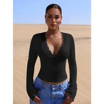 V-neck Lace Patchwork Sexy Spicy Girl Long Sleeved Slim Fit Top Women’s T-shirts XXL juoda