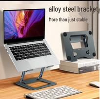 Laptop Stand: Foldable Metal Base Riser with Cooling Feature for Portable Desktop Use pilka spalva