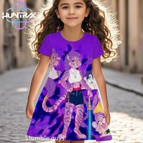 Kpop Demon Hunters Kids Girls Dress Summer Cartoon Anime Graphic Short Sleeve Beach Dress Casual Nightgown 100 purple