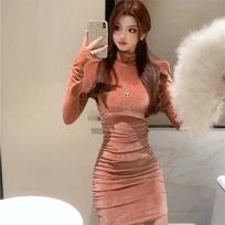 Golden Velvet Sexy Spice Girls High Neck Long Sleeve Dress Women's Winter New Slim Skinny Pleated Hip Wrap Short Skirt XL rožinė