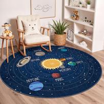 Saulės sistemos kilimas vaikams, Apvalus kilimas kosmoso tema darželiui ir žaidimų kambariui, Planetų edukacinis grindų kilimėlis, Galaktikos miegamojo dekoras 60cm x 60cm white