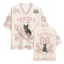 Cute Sakura Black Cat Japanese Football Jersey Cherry Blossom Anime Mesh Shirt Kawaii Loose Sports Tees Unisex Streetwear Male XXS white