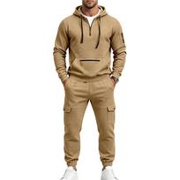 Men Autumn Winter Half Zip Hoodie Cargo Jogger Tracksuit Multi Pocket Drawstring Loose Casual Outdoor Sports Matching Set XL chaki