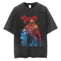 Berserk spausdinimo marškinėliai vyrams moterims skalbti vintage Japonija anime oversized gatvės stilius Harajuku vasariniai trumparankoviai medvilniniai viršutiniai drabužiai M black