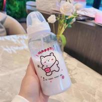 400 ml Kawaii plastikinis stiklinis vandens butelis su braškiniu meškučiu vaikams, suaugusiems, pienui, sultims, puodelis su šiaudeliu, matinis, nepralaidus gėrimų butelis as the picture gray