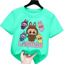 2025 New Labubu Printed Children's T-shirt LABUBU Pattern Girls Round Neck Short Sleeve Fashion Versatile Clothing 140 blue