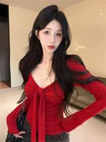 Sweet & Spicy Bowknot Long Sleeve Slim-Fit T-Shirt with Chest Pads Large juoda