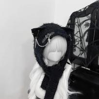 Nauja Harajuku japoniška katės ausų kepurė su šaliku, kryželine grandinėle, odine, moteriška, Y2K, punk, megzta kepurė, sagtelė, šilta ausų atvartų kepurė juoda