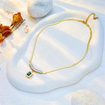 Gold Plated Stainless Steel Herringbone Chain Necklace With Green CZ Pendant For Women auksas