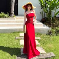 Hong Kong-style vintage red strapless spaghetti A-line dress, long elegant slim gown, elegant and sophisticated XL raudona