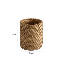 Rattan Pen Holder & Makeup Brush Organizer, Natural Woven Desk Storage Bin for Vanity, Cosmetic Brush Cup, Office Desk Accessory brown