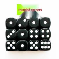 Acrylic Dice Set, Black Base with White Dots, Rounded Corners, Sizes 10mm-25mm 22mm rounded corner black background white dots
