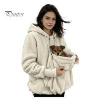 Soft Women Hoodie Pet Pouch Zip-up for Women, Cat Dog Carrying Pocket Hooded Loose Fit Casual Top Sweatshirt, Winter Warm Fleece Long Sleeves M abrikosas