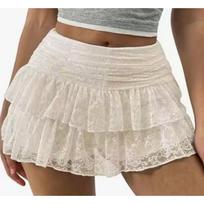 Vasaros daugiasluoksnė raukinė stacking nėrininė trumpa suknelė Spice Girl Seksuali elegantiška nėrininė mini suknelė Moterims Vienspalvė saldi klostuota Slim Fit Skaidrūs drabužiai S abrikosas