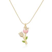 HECHENG, Enamel Drop Glazed Red Rose Tulip Copper Metal Pendant Chain French Sweet Retro Women's Zircon Necklace 1 Piece Other beige