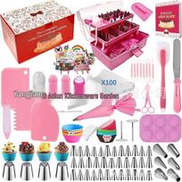 368 dalių torto dekoravimo rinkinys: Konditeriniai antgaliai, maišeliai, prijuostė ir grandiklis. pink