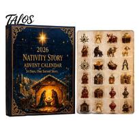 Kalėdų laukimo kalendorius 2026 m. Betliejaus istorija Advento kalendorius, 24 dienos Šeimos šventės tradicijos dekoras su 2D akriliniu religiniu suvenyru Sets beige