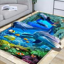 3D Auksinės Žuvelės Grindų Kilimėliai Su Žuvų Raštu Kilimai Kilimas Svetainei Miegamajam Zonos Kilimas Virtuvės Kilimėliai Namų Dekoras 80*120cm blue