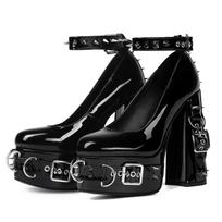 Super aukštakulniai Gothic bateliai Metalinė sagtelė Diržo žiedai Kniedės Seksualus platforminis Cosplay Stambūs aukštakulniai Kulkšnies dirželis Aukštakulniai batai 44 black