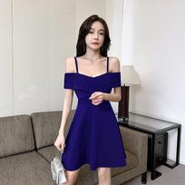 Spice girl style pure desire one-word collar off shoulder waist thin word short skirt design sense cross suspender big swing dress L mėlyna