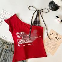 Spice Girl American letter print sleeveless Korean version slanted shoulder splicing plaid Spice Girl design vest neck top One size fits all【 40-60kg 】 bordinė