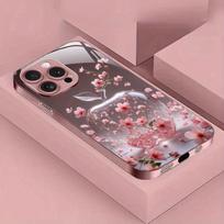 Vyšnių žiedai su obuolių raštu Rožinės metalinės dažytos grūdinto stiklo dėklas IPhone 17 16 15 14 13 12 Pro Max Plus 16E 17Air Dangtelis iPhone 16 Pro