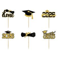 Graduation Cake Toppers 2026 Graduation Party Decorations Diploma Cap Dessert Picks Set of 6 Graduation Signs for Celebration One Size black