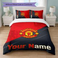 Manchester United Custom Name Text Bedding Set 1 Duvet Cover+2 Pillowcases Soccer Logo Personalized Gift For Special Occasion Bedroom Decor 135cmx200cm red