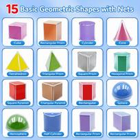12/15 vnt. daugiaspalviai 3D geometriniai blokeliai: kubas, stačiakampis gretasienis, cilindras, kūgis. Popieriniai mokymo priemonės. Atskiriamas dizainas. Skaidrūs mokymosi įrankiai