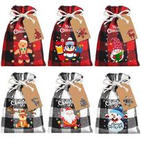 6pcs/set Christmas Burlap Gift Bags, Christmas Buffalo Plaid Drawstring Bags Christmas Jute Burlap Treat Candy Goodies Drawstring Bags with Tags black