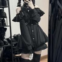 Japoniškas Gotikinis Y2k Lolitos Stiliaus Suknelės Šortų Rinkinys su Kaspinėliais Moterims Nėriniai Rūmai Off Shoulder Mygtukų Marškinėliai Suknelė Saldus Lieknas Šventinis Suknelė M juoda
