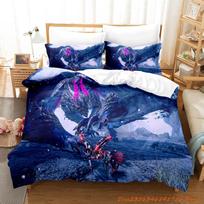 Personelity Monster Hunter Rise Bedding Set Cartoon Anime Three-Piece Set Adult Kid Bedroom Three-Piece Suits 3D Game Monst EU Single(135*200cm)3pcs blue