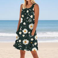 Women's Casual And Fashionable Round-neck Sleeveless Printing Mid Length Dress L žalia