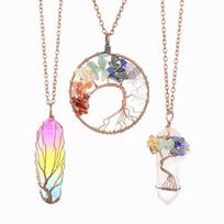 3 Pieces Tree Life Pendant Quartz Crystal Pendant Necklace Chakra Gem Copper Wire Winding Necklace for Women Men 1 beige
