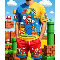 Vyriškas Super Mario Bros 2 vnt. komplektas Animacinių filmukų spaudinys Marškinėliai + Šortai Vasaros Laisvalaikio Gatvės apranga Sportinė apranga Vaikų Marškinėlių Kelnaičių rinkinys M blue