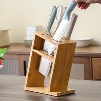Bamboo Knife Holder: Solid Wood Slanted Stand with Ventilation, Multi-functional Storage Rack for Kitchen Knives Slanted Knife Holder brown