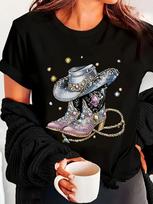 Cowboy Hat Boots Rhinestone Sparkle T-shirt S gray