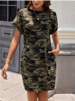 European and American casual loose shoulder crew neck camouflage print vacation comfortable women's T-shirt summer dress 3XL žalia