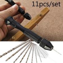 11pcs/set  Mini Micro Aluminum Hand Drill With Keyless Chuck, 10 x Twist Drills Rotary Tools brown