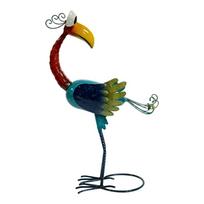 Metal Bird Sculpture Figure with Hand-Brushed Color, Pierced Wing Forms, Curled Wire Flourishes, and Freestanding Broad Base for Garden Display 1